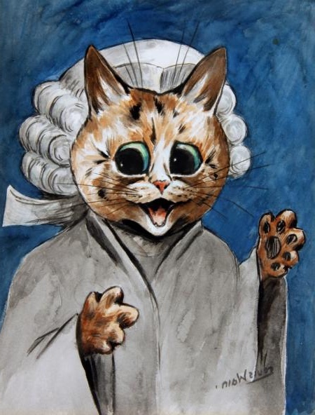 Louis Wain painting of a cat dressed as a barrister, complete with a wig and gown, raising a paw in a courtroom setting.