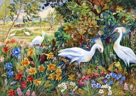 Vibrant landscape by Louis Wain, featuring elegant white birds amidst a colorful array of flowers and lush greenery.