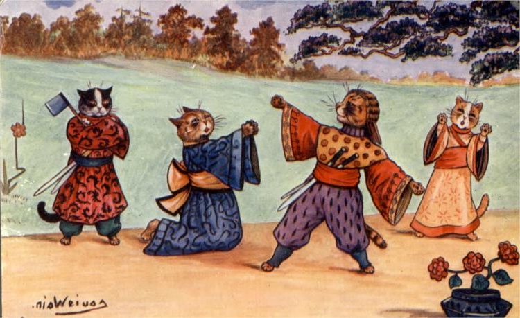 Anthropomorphic cats dressed in traditional oriental attire performing on stage, in a Louis Wain painting.