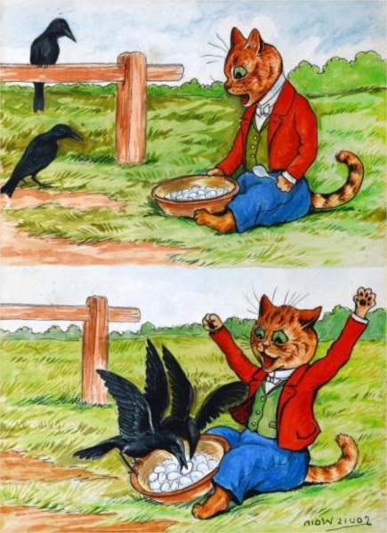 A humorous Louis Wain illustration of a cat dressed in a red coat, startled by crows stealing eggs.