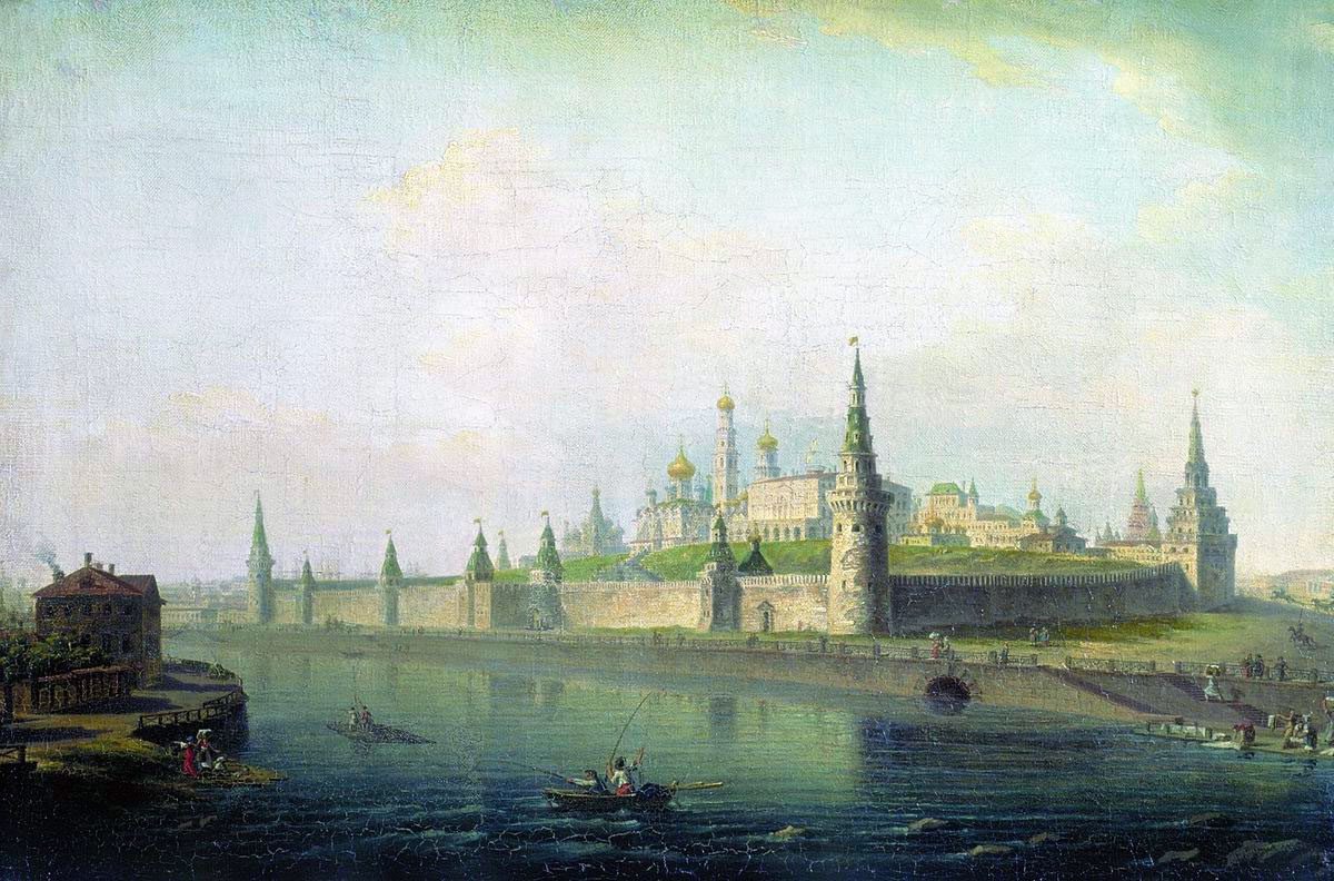 View of the Moscow Kremlin (from the Kamenny Bridge) by Maxim Vorobiev is a stunning landscape painting that captures the majestic beauty of the Moscow Kremlin