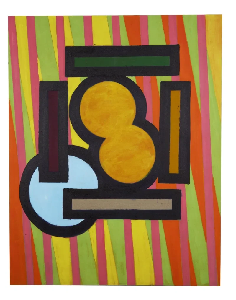 Ready to Play (2011) by Richard Smith uses bold colors and dynamic shapes to evoke movement, energy, and the playful tension between painting and sculpture.