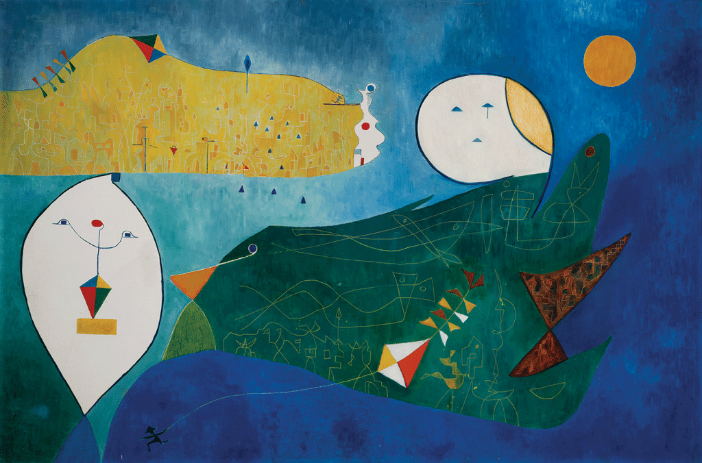 Madame Dimanche is a dreamlike composition with whimsical, almost childlike figures that evoke a sense of mystery and playfulness.