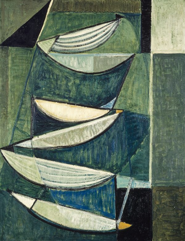 Black and White Movement on Blue and Green II uses bold color contrasts and dynamic forms to evoke rhythm and energy, creating a visual sense of motion.