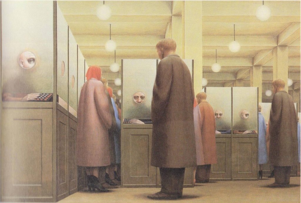 An example of social realism mixed with surrealism, portraying the cold, dehumanizing nature of bureaucratic systems. 