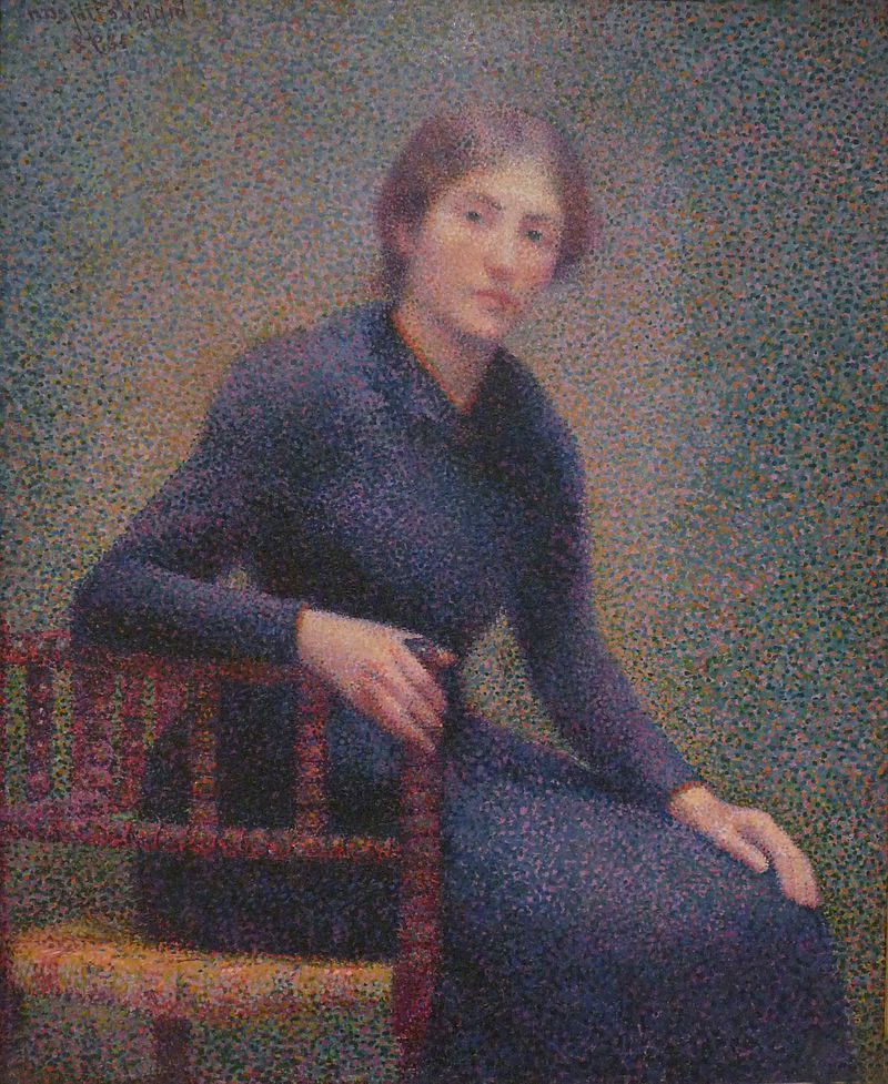 Jeune femme assise captures quiet contemplation through Pointillist technique