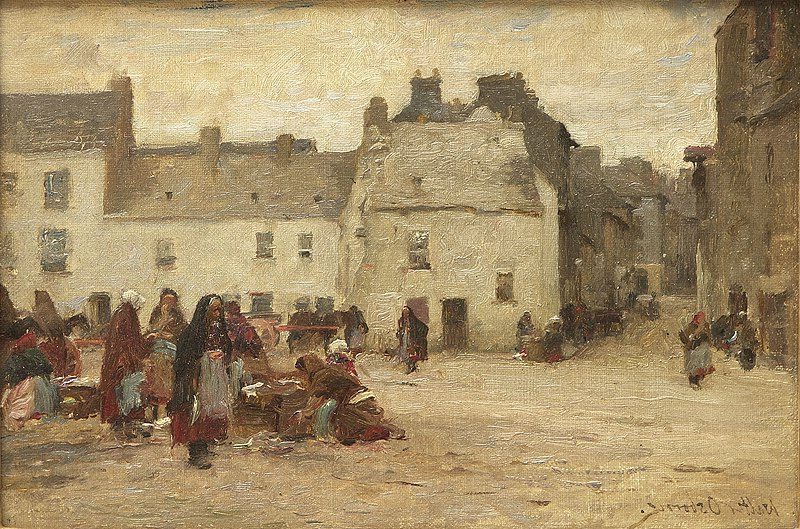 Galway Market Scene captures the lively atmosphere of an Irish market, using light and color.