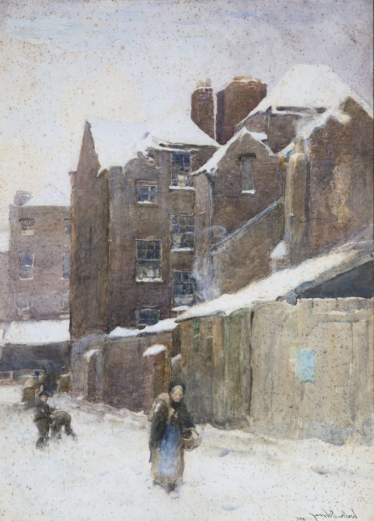 A Backstreet in the Snow (1895) captures a tranquil winter scene, using light and soft tones to evoke the peaceful stillness and quiet beauty of a snow-covered street.