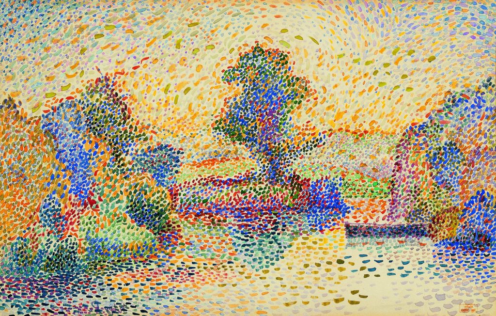 Boat on a Pond uses Pointillism to capture the serene beauty of nature, with vibrant dots of color