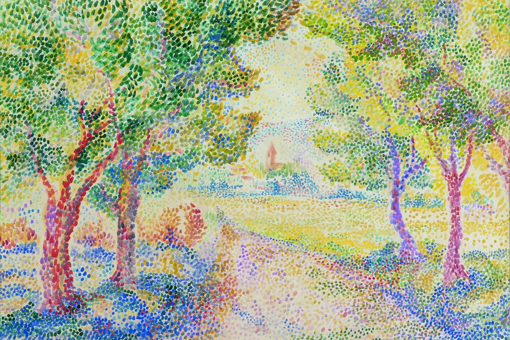 Village and Bell-Tower uses Pointillism to capture the quiet charm of a rural landscape