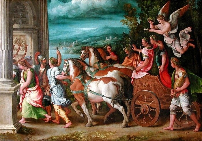 The Triumph of Titus and Vespasian exemplifies the Mannerist style, characterized by its dynamic composition and vivid coloration.
