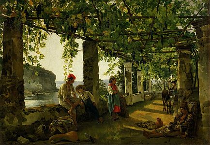 Terrace on the Seashore is a masterful example of his Italian-period landscapes, showcasing his skillful use of light, color, and atmosphere.