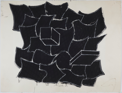 Flags (1993) blends bold colors and dynamic shapes, reinterpreting national symbols through abstraction