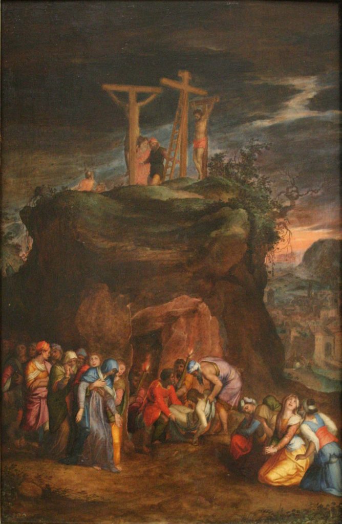 The Entombment is a powerful miniature painting that captures the solemn and emotional moment of Christ's burial.