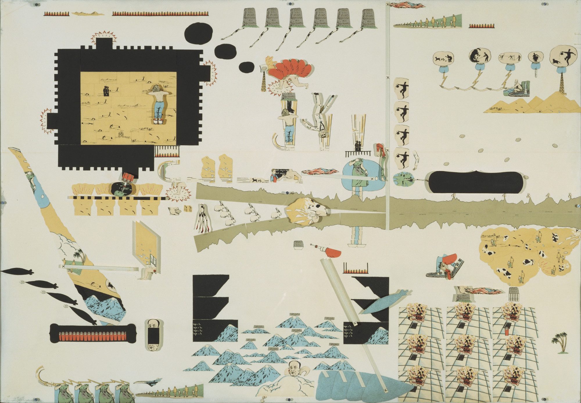 Eddie (Sylvie's Brother) in the Desert (1969) by Öyvind Fahlström blends collage and mixed media to explore isolation and identity.