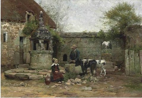 A Grey Morning in a Breton Farmyard (before 1884) captures a serene, misty rural scene, with muted tones and soft light