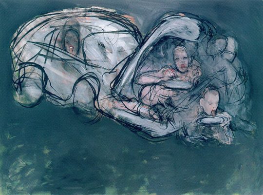 It reflects Comensoli's expressionist style, capturing themes of leisure and social interaction.