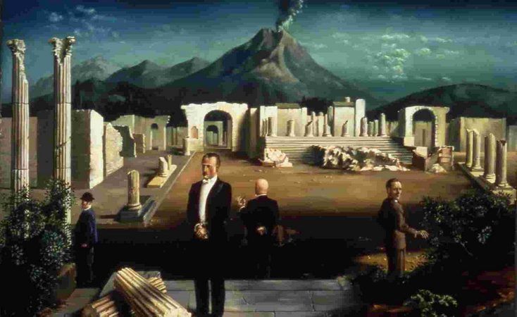 Late Visitors to Pompeii (1931) reflects Willink's fascination with the passage of time and the juxtaposition of different eras
