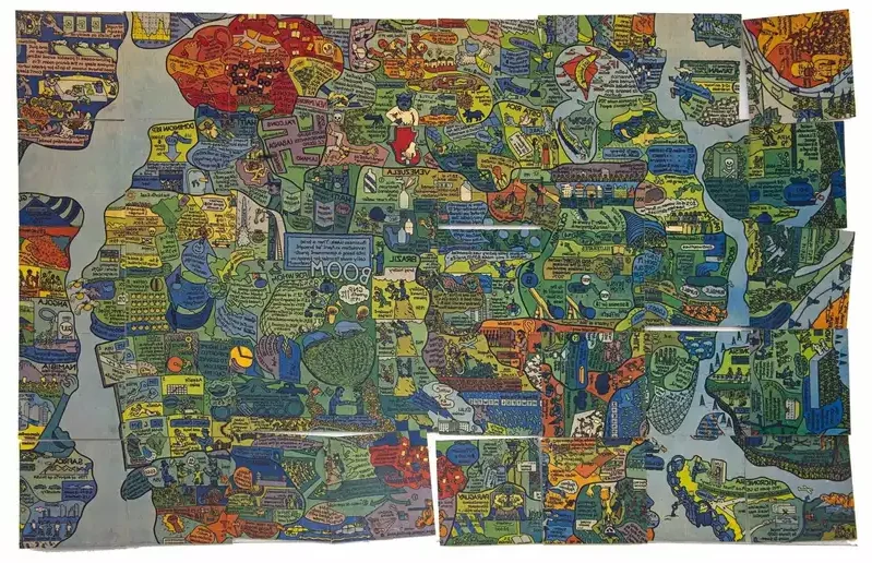 Section of World Map (1973) explores global systems and political structures through fragmented, abstracted mapping.