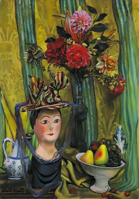 It features a still life arrangement centered around a hat, exemplifying Freist's Magic Realism style.