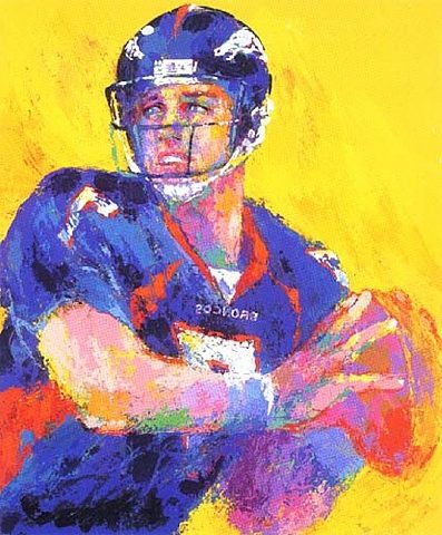 captures Elway's dynamic presence on the field, reflecting Neiman's signature vibrant and energetic style.