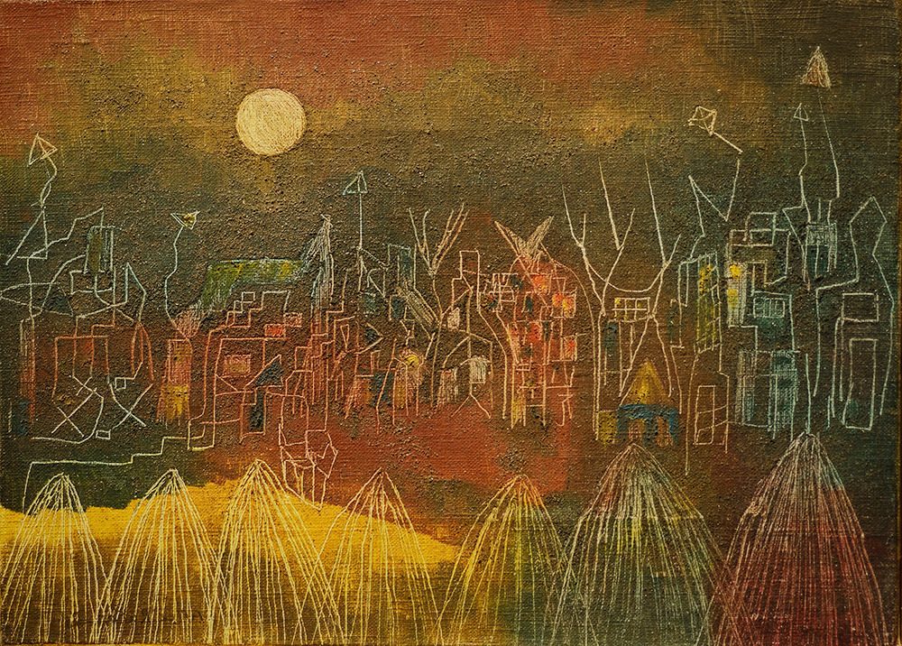 La Ciudad Luminosa evokes a dreamlike, mystical cityscape, blending surrealism with abstract expression.