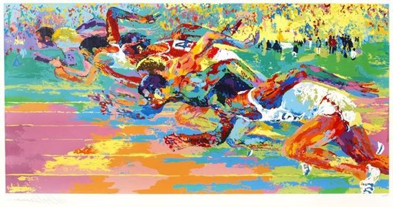 "Olympic Track" captures the energy and motion of athletes on the track, exemplifying Neiman's signature style of bold colors and expressive lines.