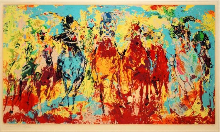 Stretch Stampede captures the dynamic energy of a horse race, reflecting Neiman's signature impressionist style.