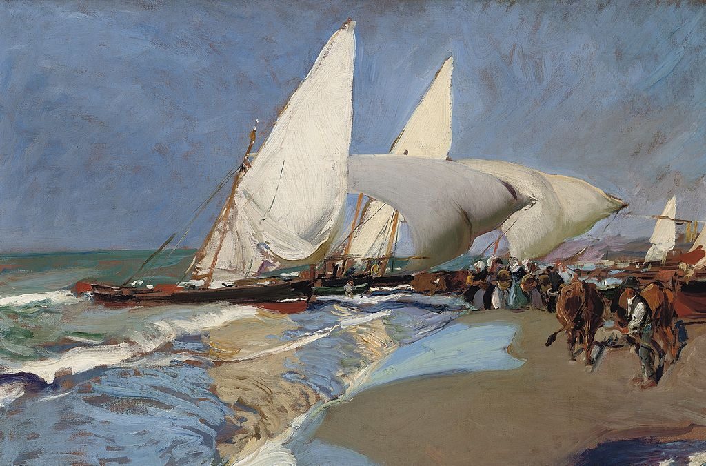Beach at Valencia (1908) by Joaquín Sorolla reflects themes of leisure, movement, and the radiant beauty of the Mediterranean coast.