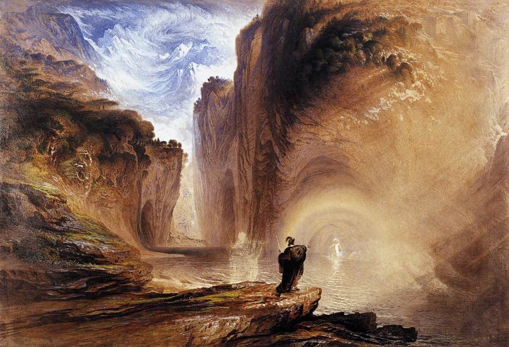 Manfred and the Alpine Witch (1837) by John Martin reflects themes of fate, supernatural power, and inner torment.