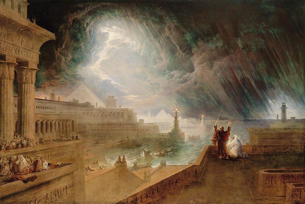 The Seventh Plague of Egypt (1823) by John Martin reflects themes of divine wrath, destruction, and biblical prophecy.
