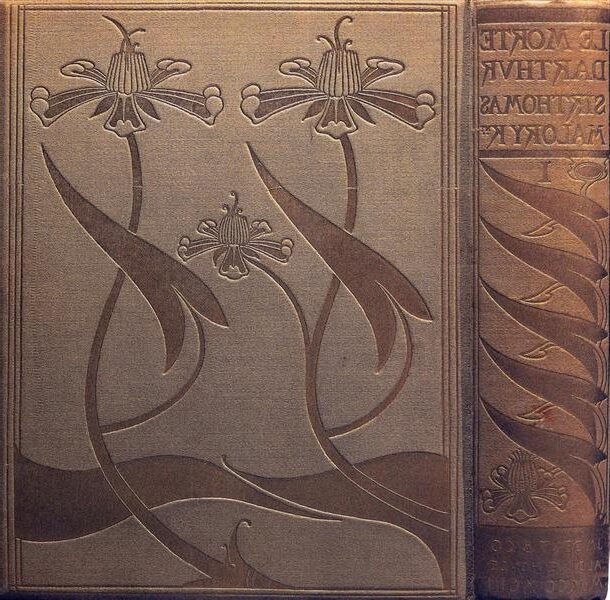 Front Cover and Spine of Le Morte Darthur (1893–1894) reflects a richly ornamented medieval-inspired design, created for Thomas Malory’s Le Morte Darthur.
