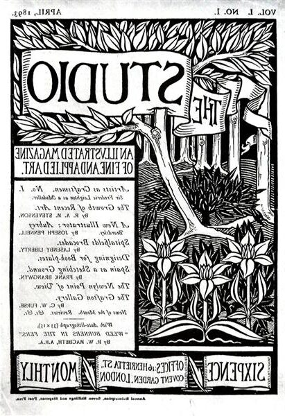 The Cover of The Studio Volume 1 (1893) reflects a highly decorative design, featuring intricate floral motifs, stylized lettering, and symmetrical compositions.
