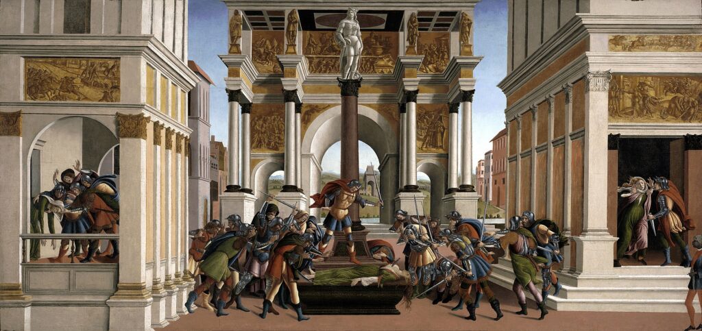The Story of Lucretia (c. 1500) by Sandro Botticelli reflects the tragic tale of Lucretia, a Roman noblewoman