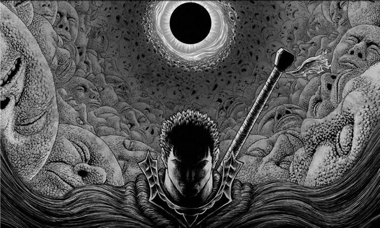Berserk (1990s) by Kentaro Miura depicts a moment of reflection as Guts stands with his iconic sword