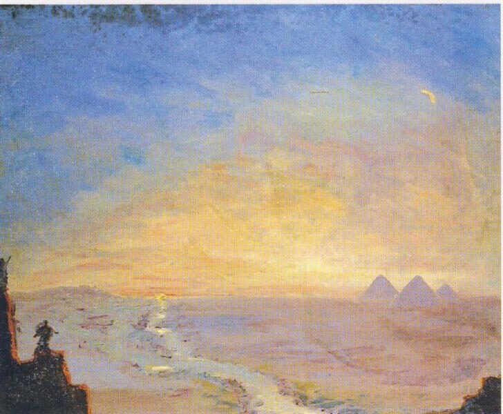 Distant View of the Pyramids (1921) reflects the artist’s fascination with light, atmosphere, and historical grandeur