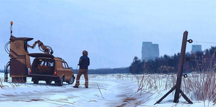 Tales from the Loop (2014) reflects a surreal mix of 1980s nostalgia and sci-fi, showing two children facing a massive, hovering structure.