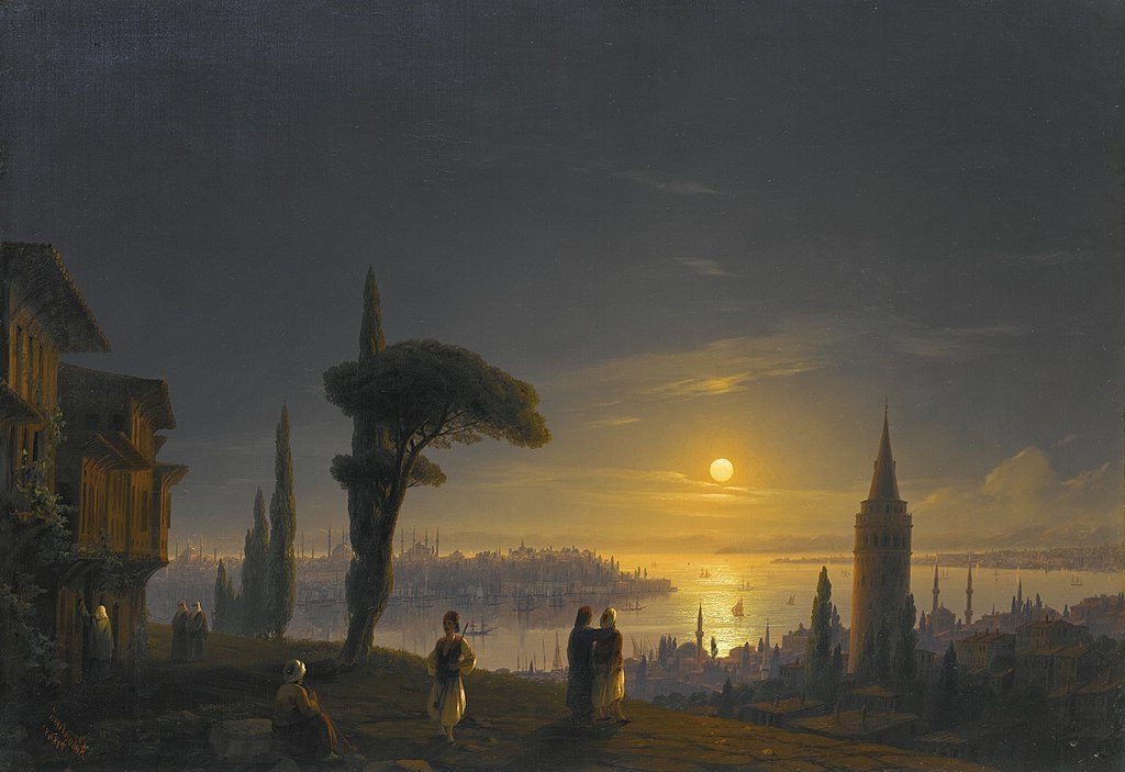 The Galata Tower by Moonlight (1845) reflects the artist’s fascination with nocturnal seascapes and historical architecture.