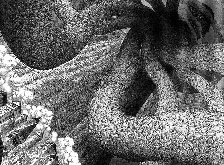 Zodd Flying (1990s) by Kentaro Miura portrays the fearsome apostle, Zodd, in mid-flight, exuding power and menace