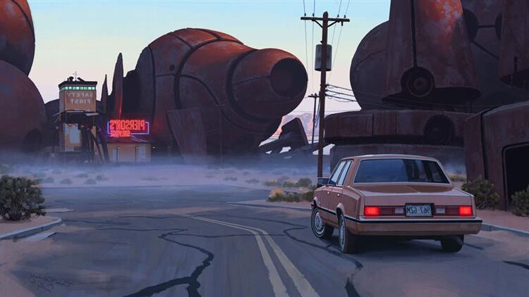 Tales from the Loop 16 (2014) reflects a haunting future shaped by forgotten technology, with children standing near a rusted machine in the snow.