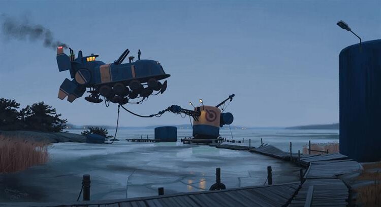 Tales from the Loop 18 (2014) reflects a blend of realism and retro-futurism, showing a fallen industrial machine in a vast, frozen landscape.