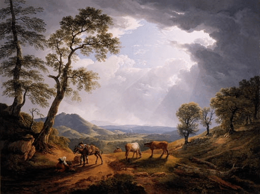 The artwork portrays a dramatic and peaceful scene from the Roman Campagna,  known for its sweeping landscapes, ancient ruins, and rugged beauty