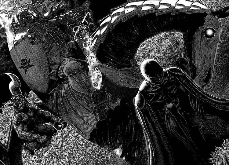 Berserk (1990s) by Kentaro Miura features a close-up of Guts, his face locked in a fierce expression of determination.