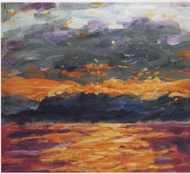 Sunset over the Sea (1923) reflects the artist’s mastery of light and atmosphere, capturing the tranquil beauty of the ocean at dusk