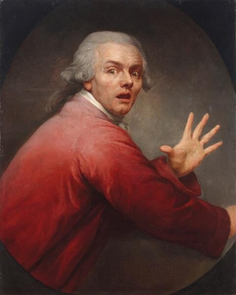 Self-portrait in Surprise and Terror (1791) reflects a dramatic and exaggerated depiction of the artist reacting with wide eyes, raised eyebrows, and an open mouth, as if caught in a sudden moment of fear.