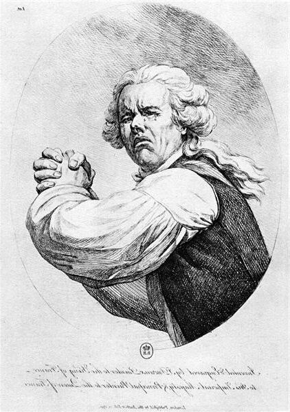 Self-portrait (1791) reflects an introspective and dramatic portrayal of the artist, depicted in black and white with his hands clasped tightly in front of him.