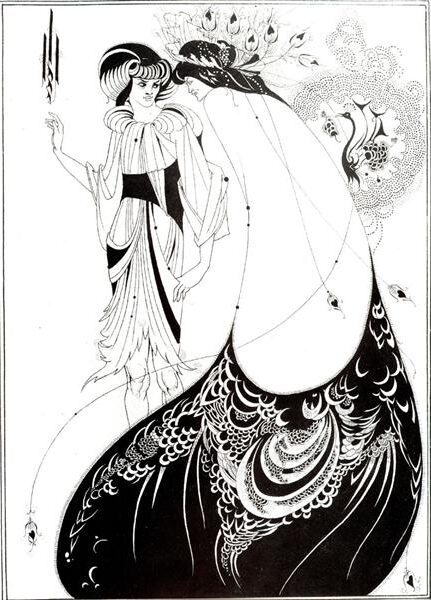 The Peacock Skirt (1893) reflects a regal and theatrical portrayal of Salomé, featuring an opulent robe decorated with intricate peacock feather patterns.
