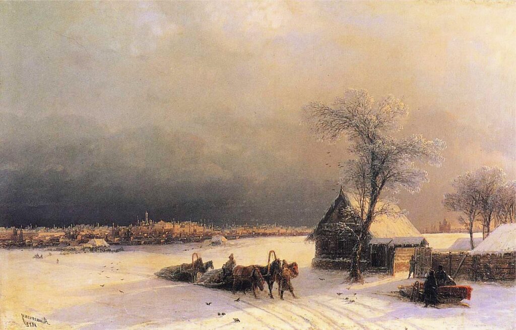 Moscow in Winter from the Sparrow Hills (1872) reflects the artist’s ability to capture the serene beauty of a snow-covered cityscape.