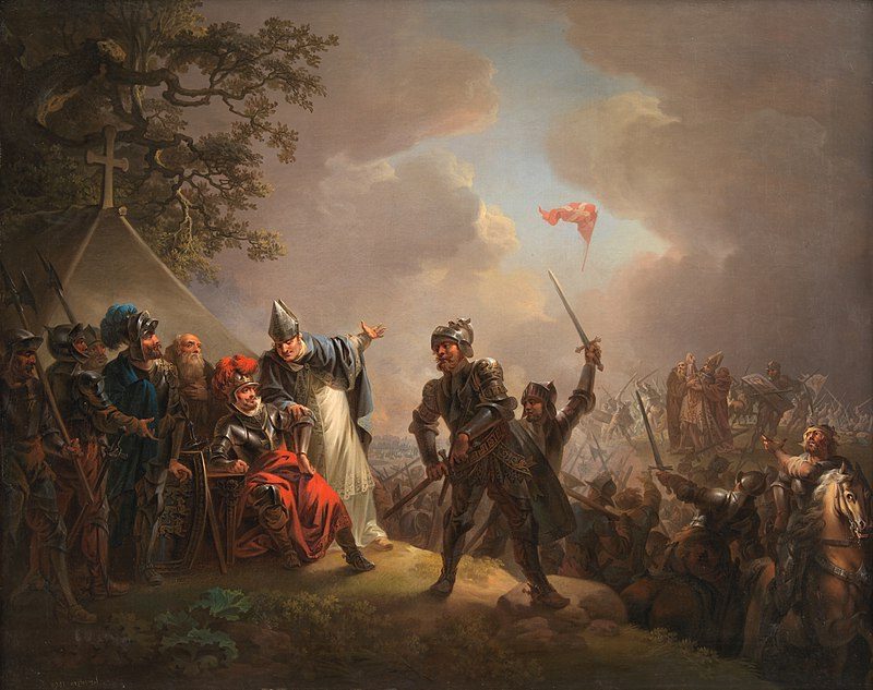 Dannebrog falling from heaven during the Battle of Lindanise (1809) captures the dramatic, divine intervention, with the Dannebrog glowing against a dark battlefield