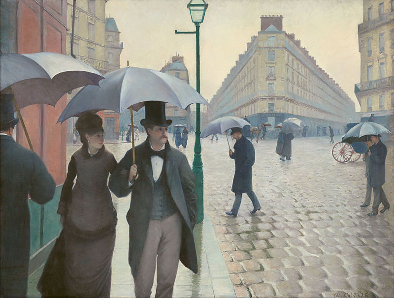 Paris Street, Rainy Day (1877) reflects themes of modern urban life, movement, and atmospheric perspective in 19th-century Paris.
